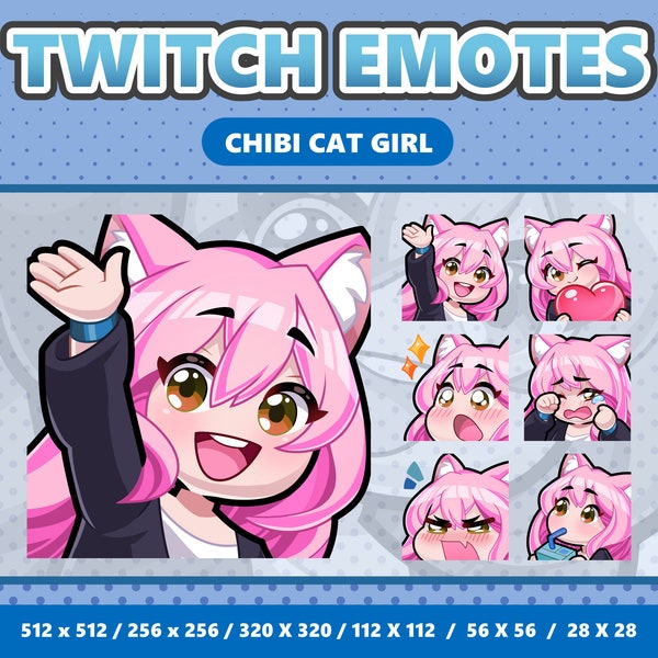 6x Kawaii Chibi Cat Girl Emote - Twitch | Discord | YouTube | Streamer | Sticker | Pink Hair Brown Eyes