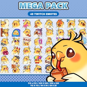 May include: A digital collection titled MEGA PACK 48 TWITCH EMOTES featuring a grid of yellow cockatiel bird illustrations with various expressions and accessories, plus a large version of one bird drinking from a juice box at the bottom right.