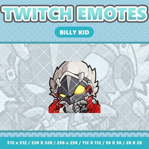 Könnte beinhalten: Eine rote und schwarze Comicfigur mit einem weißen Helm und gelben Augen. Die Figur trägt einen roten und schwarzen Anzug und hat einen weißen Hintergrund. Der Text "BILLY KID" befindet sich über der Figur. Der Text "TWITCH EMOTES" befindet sich oben im Bild.