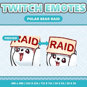 Può includere: Grafica digitale per emote di Twitch. Il design presenta un orso polare bianco che tiene in mano un cartello con la scritta "RAID". I testi "TWITCH EMOTES" e "POLAR BEAR RAID" sono in alto. L'immagine è su uno sfondo azzurro.