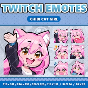 6x Kawaii Chibi Cat Girl Emote - Twitch / Discord / YouTube / Streamer / Pegatina / Cabello Rosa Ojos Marrones