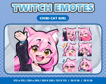 6x Kawaii Chibi Cat Girl Emote - Twitch | Discord | YouTube | Streamer | Sticker | Pink Hair Brown Eyes