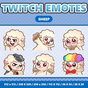 May include: A blue background with the text "TWITCH EMOTES" and "SHEEP". The image features six cartoon sheep emotes with various expressions, including a police officer, a rainbow clown, and blushing sheep. The image also includes the dimensions of the emotes.