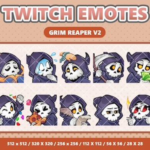 May include: A collection of Twitch emotes featuring the Grim Reaper in various expressions. The emotes showcase the Grim Reaper with different emotions, including crying, holding a scythe, and wearing sunglasses. The text "TWITCH EMOTES" and "GRIM REAPER V2" are displayed.