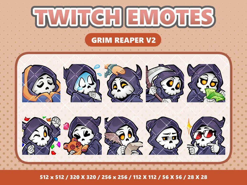 May include: A collection of Twitch emotes featuring the Grim Reaper in various expressions. The emotes showcase the Grim Reaper with different emotions, including crying, holding a scythe, and wearing sunglasses. The text "TWITCH EMOTES" and "GRIM REAPER V2" are displayed.
