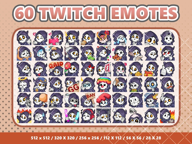 60 Grim Reaper Emote Bundle, Static Twitch Emotes, Gothic Discord Emoji Pack, Dark VTuber Stream Assets, Halloween Emote, Instant Download image 2