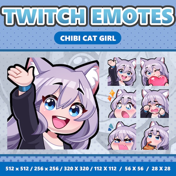 6x Kawaii Chibi Cat Girl Emote - Twitch | Discord | YouTube | Streamer | Sticker | Violet Hair Blue Eyes