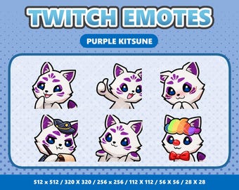 Paarse Kitsune kawaii emotes pack 6, twitch-emotes, schattige vos Discord-emojiset, streamer-itembundel, digitale download