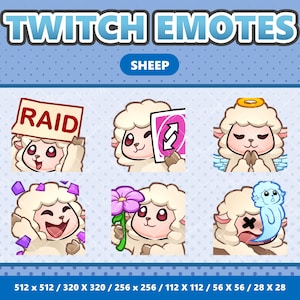 May include: A blue graphic with the text "TWITCH EMOTES" and "SHEEP". Six cartoon sheep are shown with different expressions and props, including a "RAID" sign, an Uno reverse card, and a flower. The image also lists various pixel dimensions.