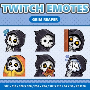 May include: A set of six Twitch emotes featuring a cartoon Grim Reaper in various poses. The emotes are available in different sizes, ranging from 512x512 pixels to 28x28 pixels.