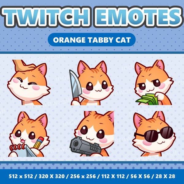 Orange Tabby Cat Kawaii Emotes Pack 3 - Twitch | Discord | YouTube | Streamer | Cute | Digital