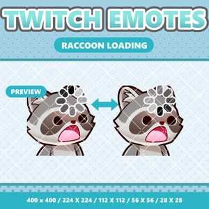 May include: Digital graphic set titled TWITCH EMOTES RACCOON LOADING featuring two illustrations of a gray and white raccoon with a pink mouth and a circular loading icon above its head, connected by a blue arrow, with size labels 400 x 400.