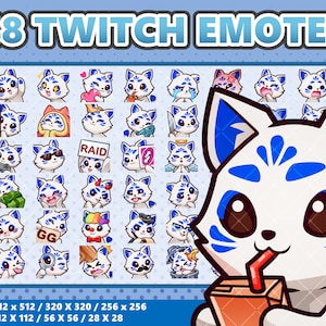 Lot de 48 emotes Mega Kitsune Kawaii bleu - Twitch | Discorde | YouTube | Streamer | Mignon | Numérique