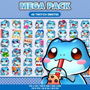 May include: A digital collection of 48 Twitch emotes featuring a blue frog character with large dark eyes and pink cheeks. The set includes various expressions and accessories, with the text MEGA PACK and 48 TWITCH EMOTES displayed at the top.