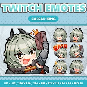 Könnte beinhalten: Ein Satz von acht Twitch-Emojis mit einer Cartoon-Figur mit grünen Haaren und einer Krone. Die Figur wird in verschiedenen Ausdrücken gezeigt, darunter glücklich, überrascht und wütend. Die Emojis sind in verschiedenen Größen erhältlich, von 28x28 Pixel bis 512x512 Pixel.