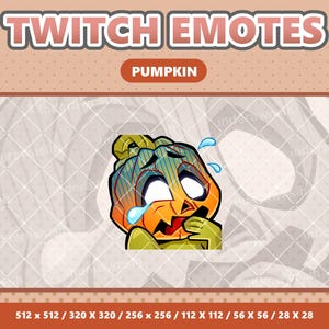 May include: A digital illustration of a pumpkin with a distressed expression, crying, and sweating. The image is labeled "TWITCH EMOTES" and "PUMPKIN". The image has various size options listed at the bottom.