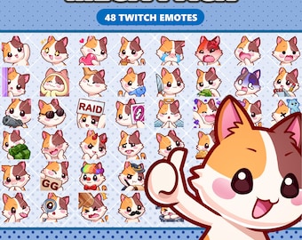 May include: A digital collection of 48 Twitch emotes featuring a calico cat character in various expressions and activities. The set includes icons with text like RAID and GG, along with items such as a knife, sunglasses, and a magnifying glass.