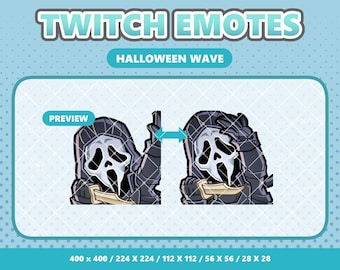 Op de afbeelding: Digitale Twitch-emotes met Halloween-thema, met een personage in een zwarte capuchon en een wit masker met een schreeuwende uitdrukking. De emotes bevatten een mes en zijn gelabeld met "Halloween Wave".