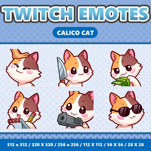 Calico Cat Kawaii Emotes Pack 3 - Twitch | Discord | YouTube | Streamer | Cute | Digital