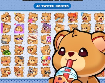 48 Braunbär-Emotes im Paket, statische Twitch-Emotes, Kawaii-Discord-Emoji-Paket, niedliche VTuber-Stream-Assets, Sofort-Download