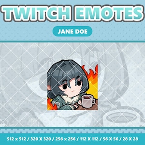 Könnte beinhalten: Digitalgrafik eines Cartoon-Charakters mit grauem Haar und einem grün-weißen Outfit, der eine Kaffeetasse hält, vor einem Hintergrund aus Flammen. Der Text "TWITCH EMOTES" und "JANE DOE" sind über der Figur zu sehen.
