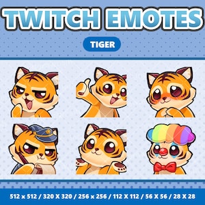 Op de afbeelding: Set van acht Twitch-emotes met een cartoon-tijger in verschillende poses en uitdrukkingen. De emotes zijn ontworpen in een schattige, anime-stijl met felle kleuren en grote ogen. De emotes zijn beschikbaar in verschillende formaten, waaronder 512x512, 320x320, 256x256, 112x112, 56x56 en 28x28.