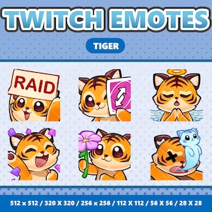 Op de afbeelding: Set van zes Twitch-emotes met een cartoon-tijger in verschillende poses. De emotes bevatten een tijger die een "RAID"-bord vasthoudt, een tijger die een "Trek 2"-kaart vasthoudt, een tijger met een halo die bidt, een tijger die een bloem vasthoudt, een tijger met een X over zijn oog en een tijger met een geest.