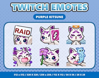 Paarse Kitsune kawaii emotes pack 4, twitch-emotes, schattige vos Discord-emojiset, streamer-itembundel, digitale download