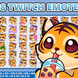 Lot de 48 émoticônes Tiger Kawaii - Twitch | Discorde | YouTube | Streamer | Mignon | Numérique