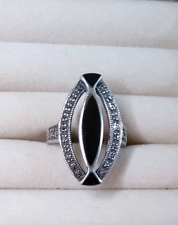 Vintage Marquise Marcasite & Black Onyx Open State