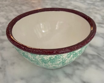 Solid Med-Small Bowl / Aqua Blue and White Splatter-Sponge Paint with Maroon Edge / Ceramic