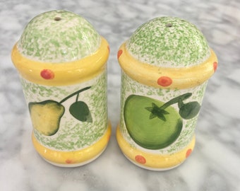 Fruity Cheerful Sunny Ceramic Salt and Pepper Shakers - Light Green Sponge Glaze - Lemons Limes Pears