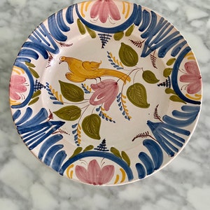 Vibrant Handmade Plate with Yellow Bird, Pink Flowers, and Blue Animation - Flawless Vintage