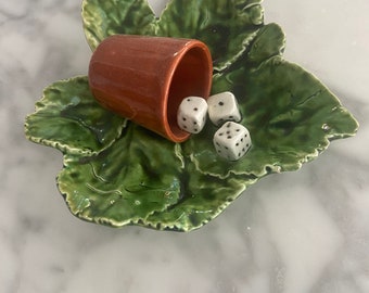 Majolica Leaf Dish with Cup and Dice - Vintage Gambling