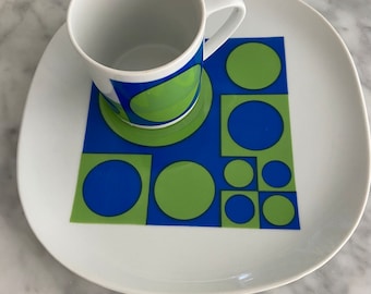 4 MCM Geometric Snack Sets. Porcelain. Blue and Green Modernism. Jonas Roberts Japan Design.