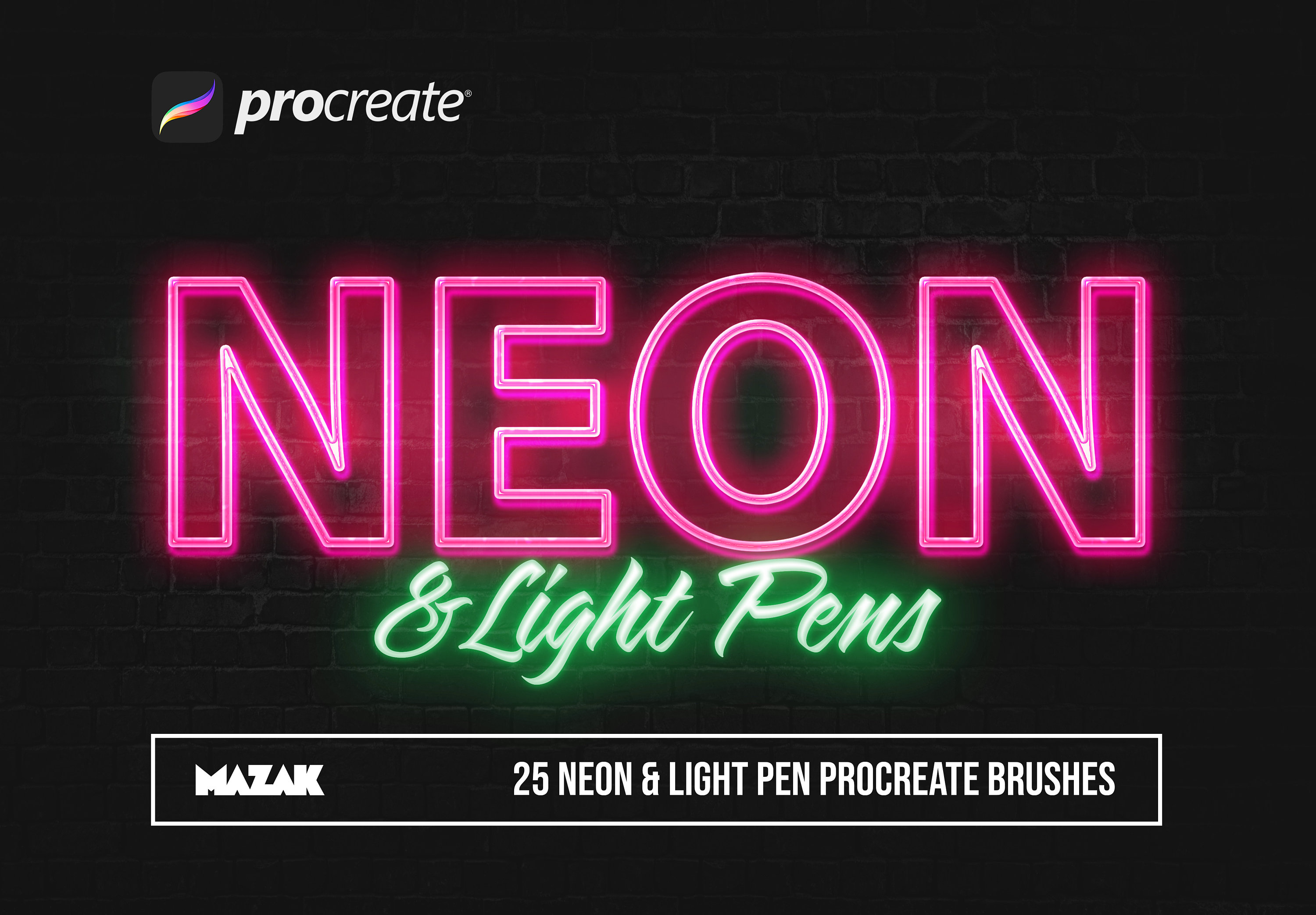 25 pinceles neón para Procreate — luz brillante, letrero neón y efectos de fuego