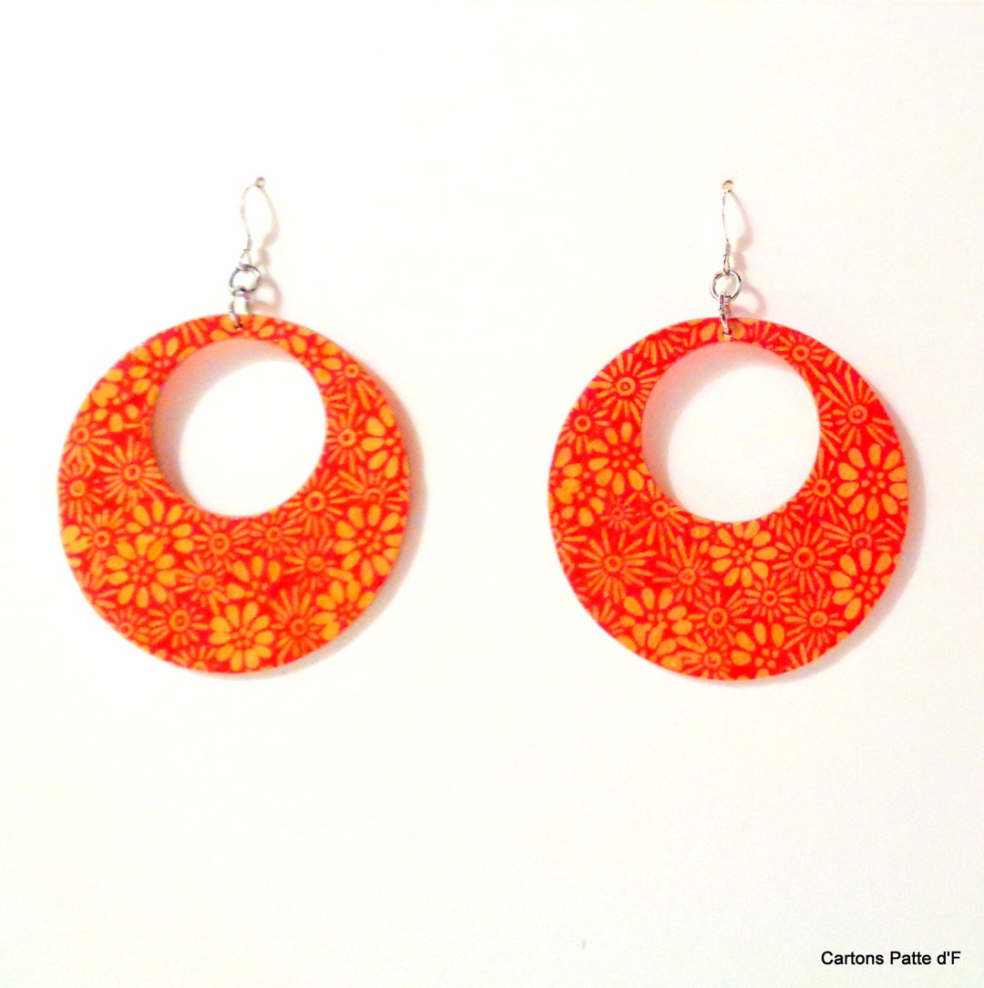 Cardboard Earrings Creoles orange With Flowers Etsy