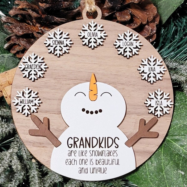 Décoration de famille bonhomme de neige pour petits-enfants ~ Décoration de Noël personnalisée ~ Noël 2023 ~ Noms de petits-enfants ~ Grands-parents ~ Grand-mère