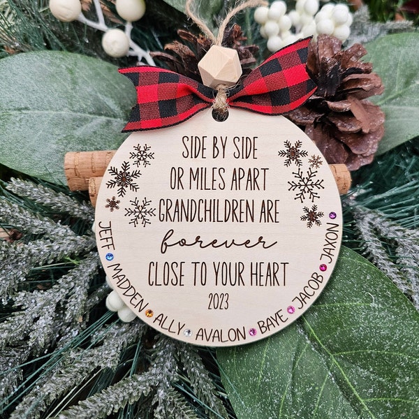 Side by Side Christmas Ornament ~ Long Distant ~ Grandparent Engraved Wooden ~ Grandchildren Christmas ~ Personalized Grandchildren Names