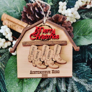 Cowboy Christmas Wood Ornament ~ Barn Ornament ~ Cowboy Boots ~ Personalized Family Names ~ Rustic Ornament ~ Farmer Ornament ~ Ranch