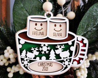 Personalized Christmas Ornament ~ Hot Chocolate ~  Marshmallows ~ Mug ~ Merry Christmas ~ Kids names ~ Family Ornament ~ 2022 Personalised