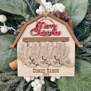 Cowboy Christmas Wood Ornament ~ Barn Ornament ~ Cowboy Boots ~ Personalized Family Names ~ Rustic Ornament ~ Farmer Ornament ~ Ranch