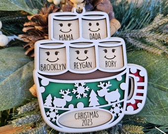 Personalized Christmas Ornament ~ Hot Chocolate ~  Marshmallows ~ Mug ~ Merry Christmas ~ Kids names ~ Family Ornament ~ 2023 Personalised