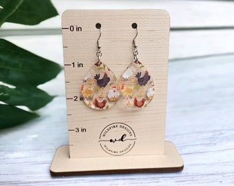 Dangly Chicken Earrings ~ Teardrop Earring ~ Farm Earring ~ Acrylic Earring