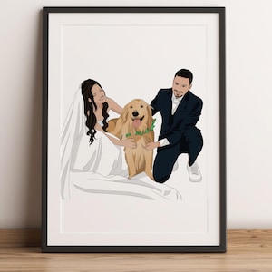 Custom Wedding Portrait with Pet, Engagement Portrait with Pet, 1st Anniversary Gift, Owner and Pet Drawing from Photo, Couple And Pet