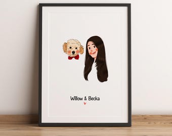 Anpassat tecknat porträtt, teckning av husdjur och ägare, anpassad illustration, bröllopsporträtt, porträtt från foto, parporträtt, familjeporträtt