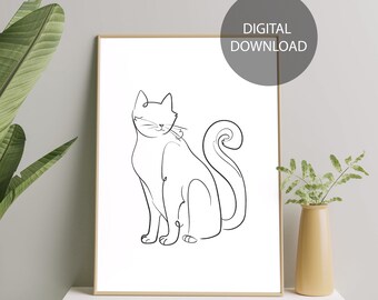 Cat Line Drawing Print, One Line Cat Art, Cat Printable Wall Art, Gift for Cat Lover, Cat Silhouette Art, Printable Sitting Cat Art Print