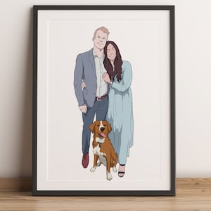 Personalised Couple Portrait with Pet, Digital Portrait with Pet, Anniversary Gift, Owner and Pet Drawing from Photo, Couple And Pet