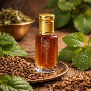May include: A small, amber-colored perfume bottle with a gold cap sits on a small, round, gold-colored tray. The bottle is surrounded by fresh green leaves, brown wood chips, and a bowl of dried herbs. The words "Feliz Good Attar" are printed on the bottle.