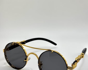 Luxury Round Gold Panther Sunglasses | Vintage Steampunk Designer Shades | Retro Round Frame UV400 | Unisex Fashion Sunglasses Gift